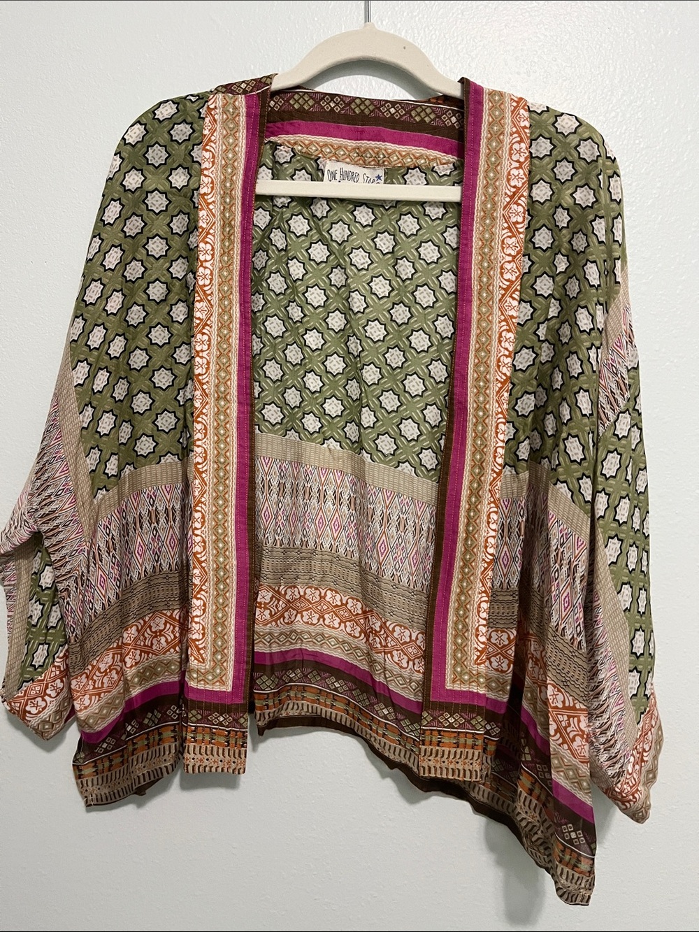 One Hundred Stars Olive Patterned Open-Front Kimono with Pink & Orange Trim - Picture 2 of 6